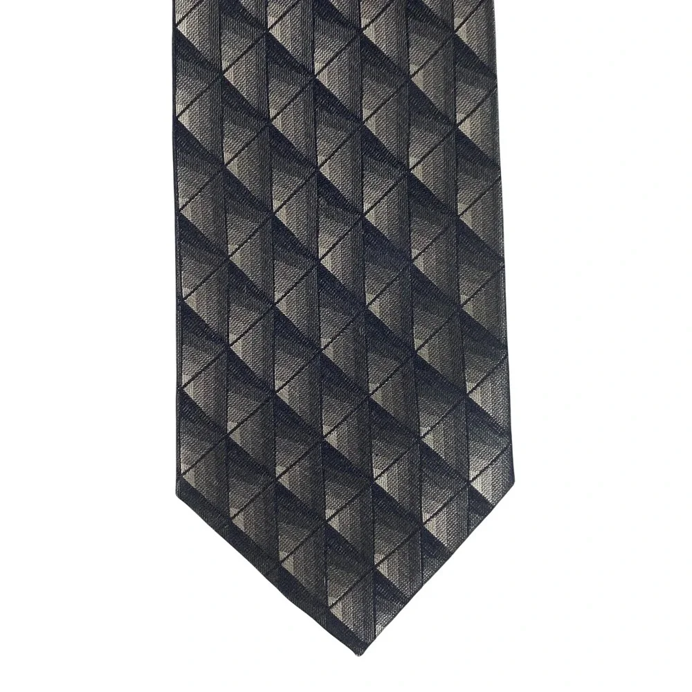 VTG Croft & Barrow Mens Silk Tie Black Gold Bronze Geometric Long Grid 60x4